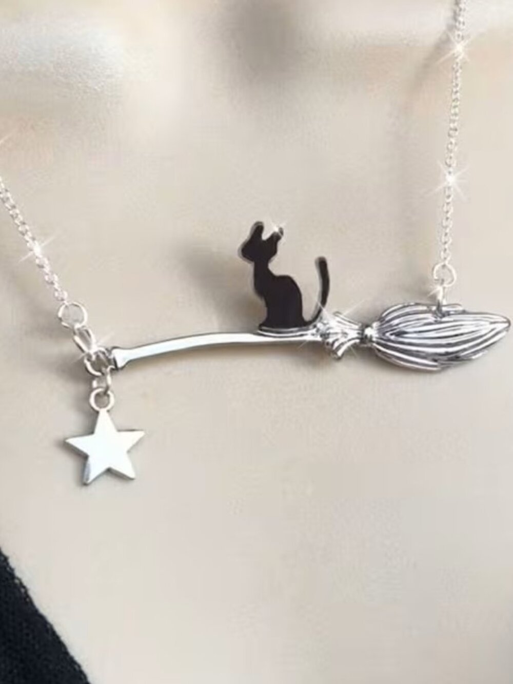 Black Kitty Cat Broom Necklace Silver Witch Pendant Star Charm Z236